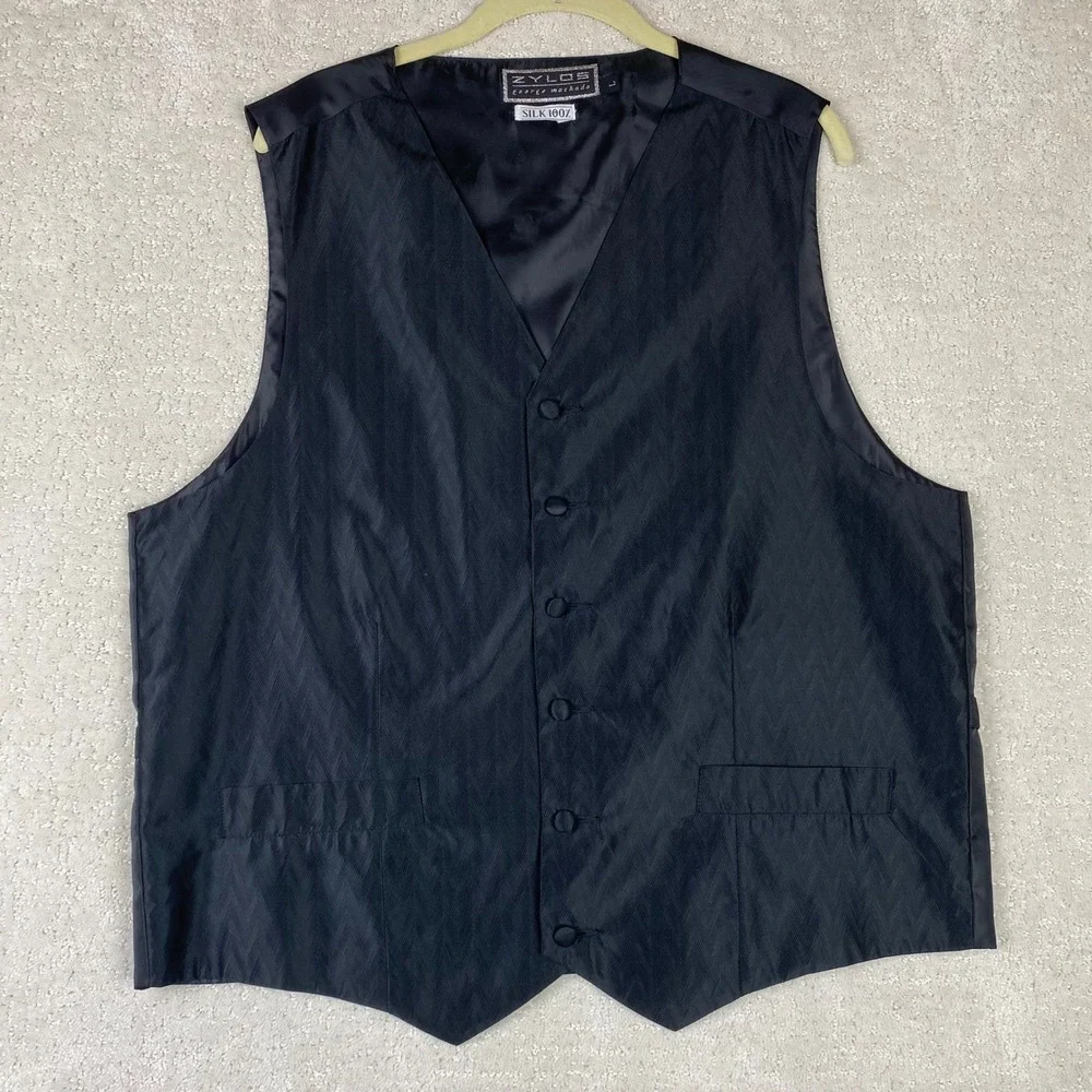 Zylos George Machado Tuxedo Vest Mens‎ L Black 100% Silk Chevron Formal Wedding